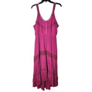 NEW KINGS ROAD FULLY LINED MAXI DRESS WOMENS XL FUSCHIA BOHO TIERED LACE RUFFLES